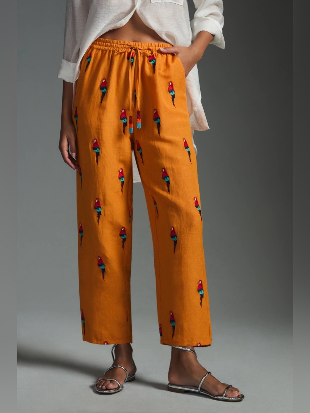 Farm Rio Linen Pants Embroidered Tropical Beach Parrot Print Beaded Tassel S NWT